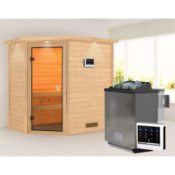 Sauna traditionnel d’angle Jella 2 à 3 places 38mm - poêle Easy Bio 9000W - couronne lumineuse - Woodfeeling