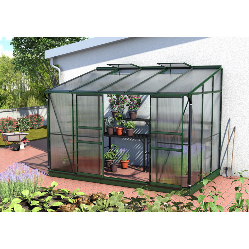 Serre adossée Ida 6,5m² en aluminium émeraude et panneaux PC 4mm - Vitavia