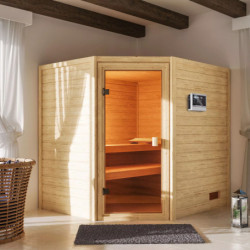 Sauna traditionnel d’angle Elea 3 à 4 places 38mm - poêle 9KW ctrl externe - sans couronne - Karibu