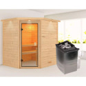 Sauna traditionnel d’angle Elea 3 à 4 places 38mm - poêle 9KW ctrl intégré - avec  couronne - Karibu