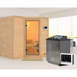 Sauna traditionnel 38mm 4 à 5 places Sahib 1 sans couronne - poêle Easy Bio 9000W - porte en verre clair KARIBU