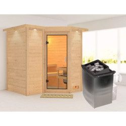 Sauna traditionnel 38mm 4 à 5 places Sahib 1 - poêle 9KW ctrl intégré - couronne et porte en verre clair KARIBU