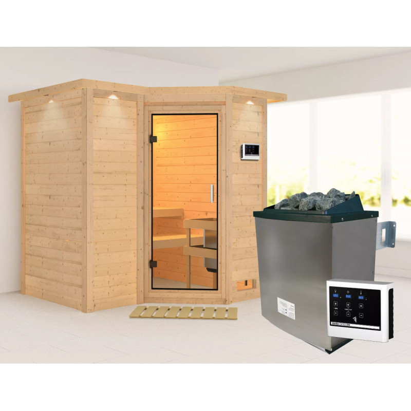 Sauna traditionnel 38mm 4 à 5 places Sahib 1 - poêle 9KW ctrl externe - couronne et porte en verre clair KARIBU