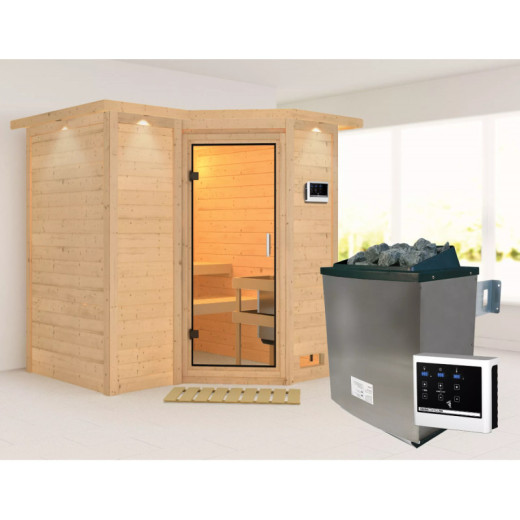 Sauna traditionnel 38mm 4 à 5 places Sahib 1 - poêle 9KW ctrl externe - couronne et porte en verre clair KARIBU
