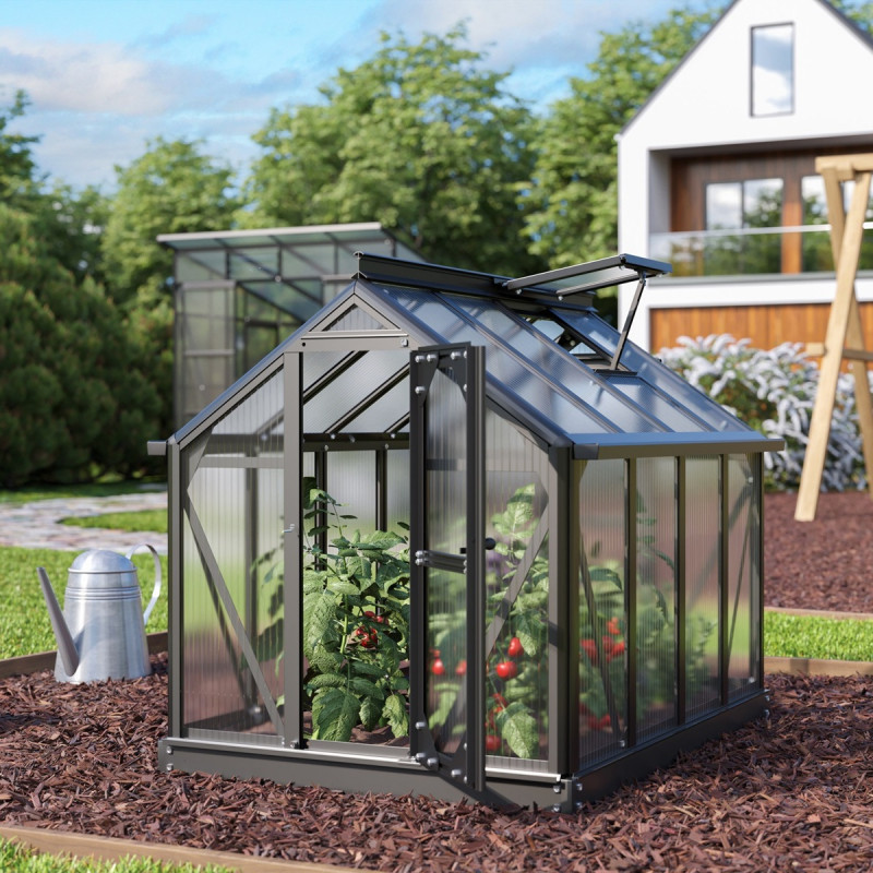 Mini-serre Merlin 0,83m² en alu noir et PC 4mm – fondation en acier – Vitavia