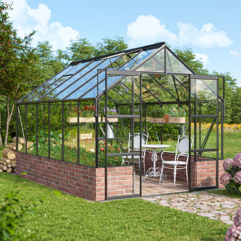 Serre Cassandra 9,9m² en alu noir et verre de sécurité - sans pierres de socle - Vitavia