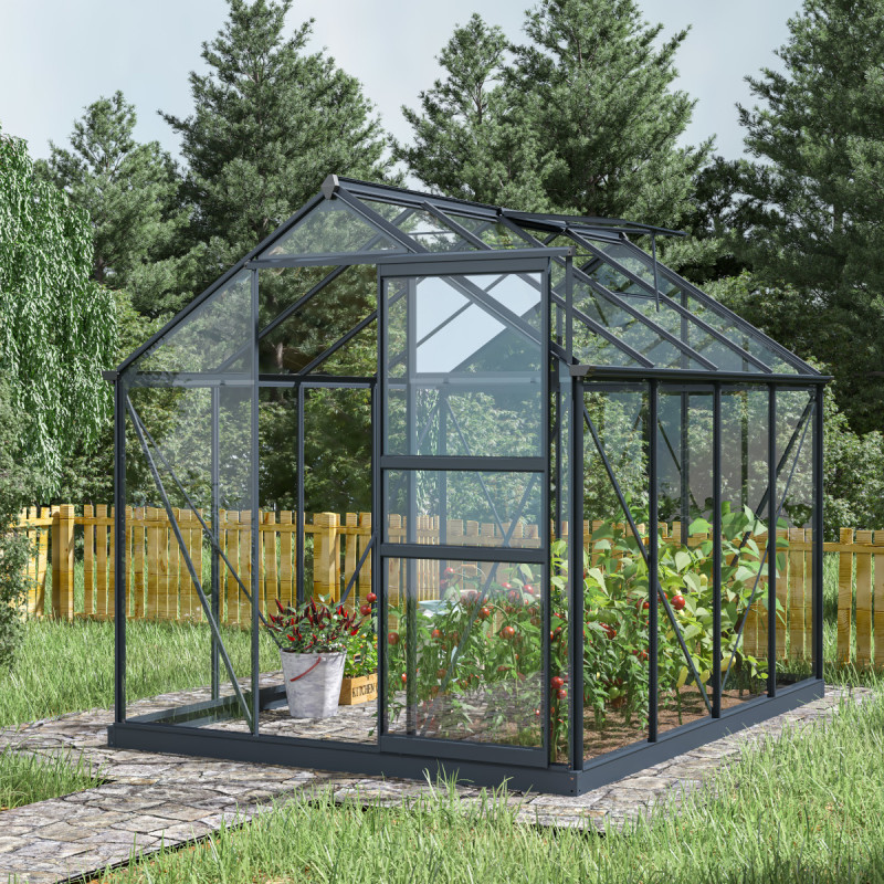 Serre de jardin en aluminium anthracite et verre trempé 4mm RINCA 5,68m² + embase - Green Protect