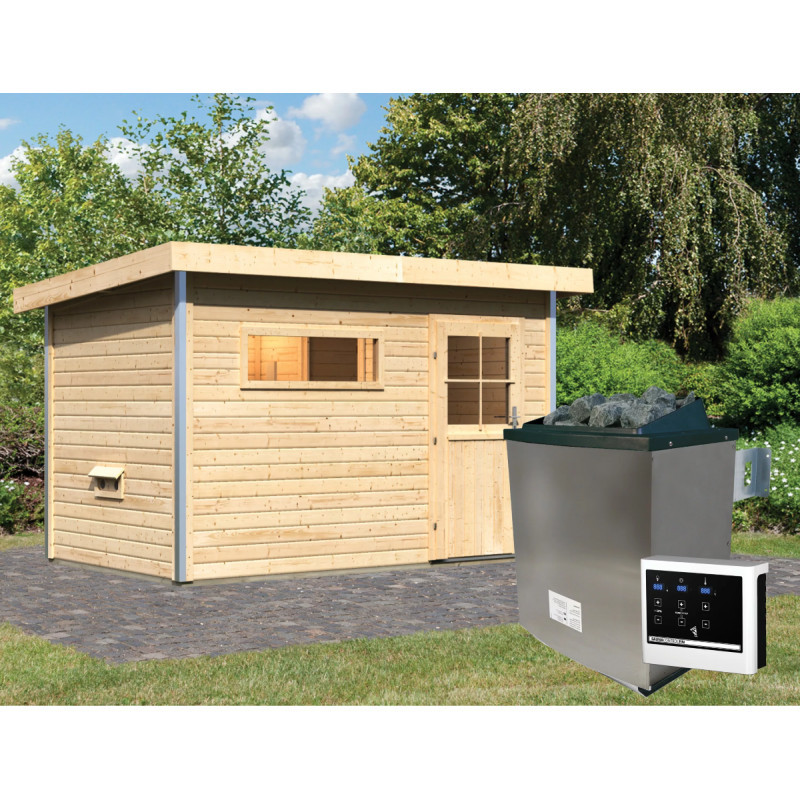 Sauna d'extérieur SKROLLAN 1 en bois massif 38mm 4 à 6 places - poêle 9KW ctrl externe - porte classique KARIBU	