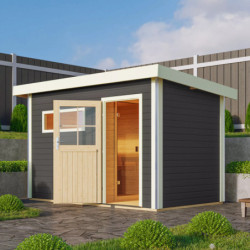 Sauna d'extérieur SKROLLAN 1 anthracite en bois massif 38mm 4 à 6 places avec porte classique KARIBU