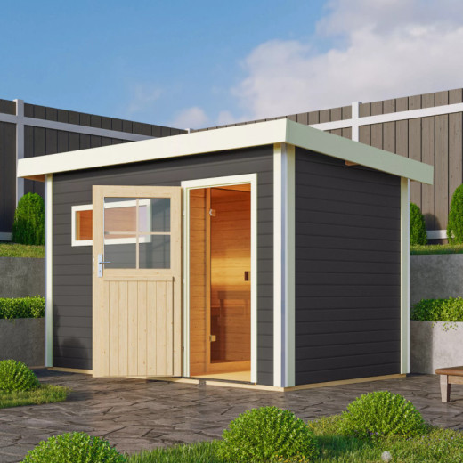 Sauna d'extérieur SKROLLAN 1 anthracite en bois massif 38mm 4 à 6 places - poêle 9KW ctrl externe - porte classique KARIBU