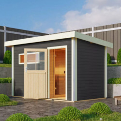 Sauna d'extérieur SKROLLAN 1 anthracite en bois massif 38mm 4 à 6 places - poêle Easy Bio 9000W - porte classique KARIBU