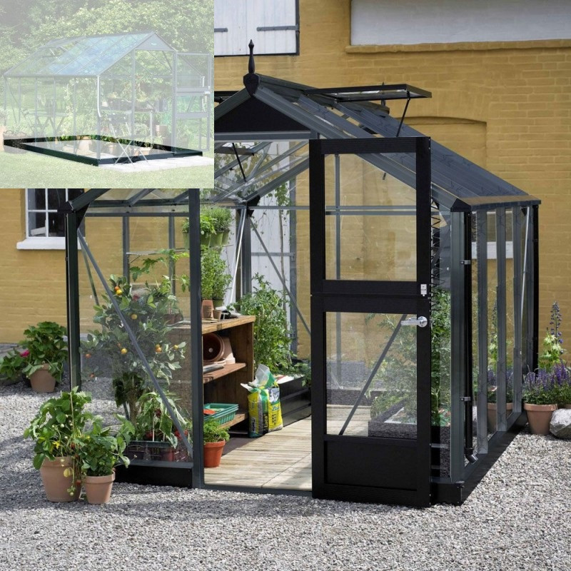 Pack de serre de jardin 5m² anthracite en verre trempé Compact + embase noir - Juliana