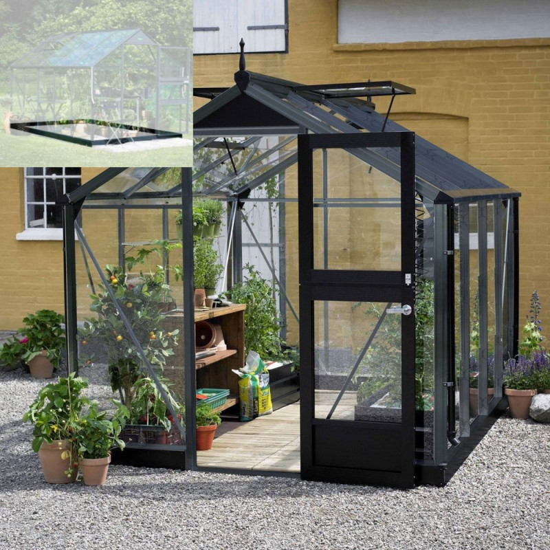 Pack de serre de jardin 6,6m² anthracite en verre trempé Compact + embase noir - Juliana