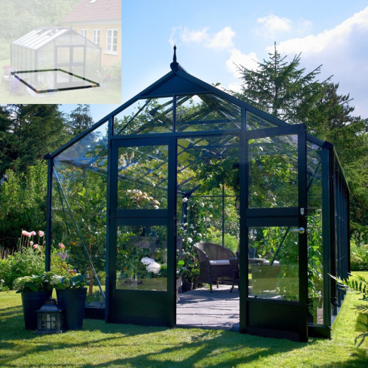 Pack de serre de jardin 8,8m² anthracite et verre trempé Premium + embase noir - Juliana