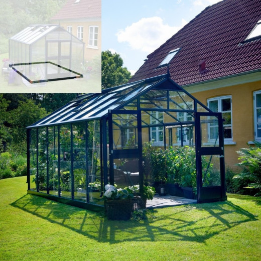 Pack de serre de jardin 10,9m² anthracite et verre trempé Premium + embase noir - Juliana