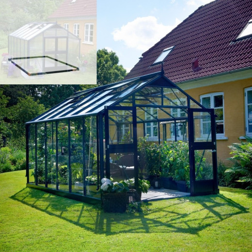 Pack de serre de jardin 13m² anthracite et verre trempé Premium + embase noir - Juliana