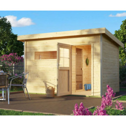 Sauna d'extérieur SKROLLAN 2 en bois massif 38mm 4 à 6 places - poêle 9KW ctrl externe - porte classique et vestibule - KARIBU