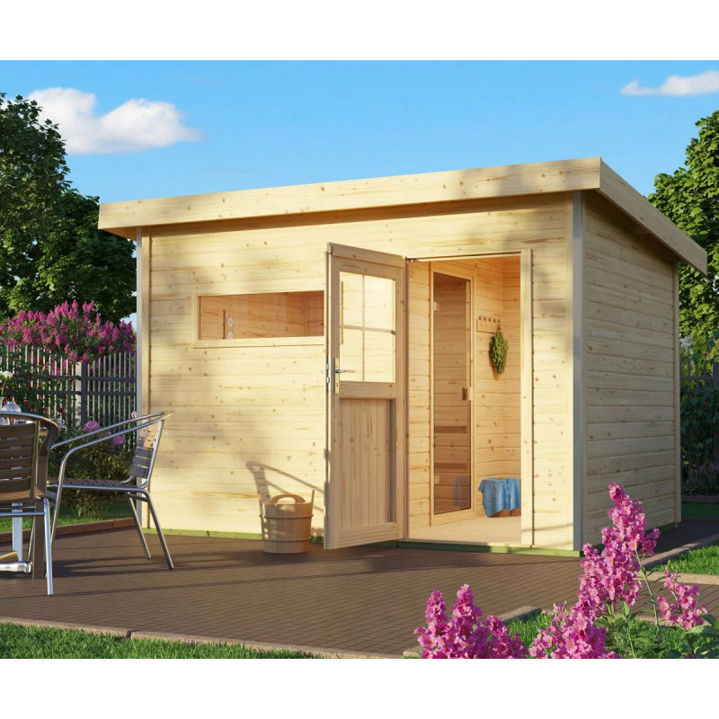 Sauna d'extérieur SKROLLAN 2 en bois massif 38mm 4 à 6 places - poêle 9KW ctrl externe - porte classique et vestibule - KARIBU
