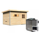 Sauna d'extérieur SKROLLAN 2 en bois massif 38mm 4 à 6 places - poêle Easy Bio 9000W - porte classique et vestibule - KARIBU