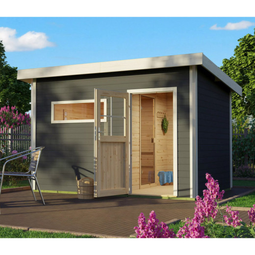 Sauna d'extérieur en bois SKROLLAN 2 anthracite 38mm 4 à 6 places avec porte classique et vestibule - KARIBU