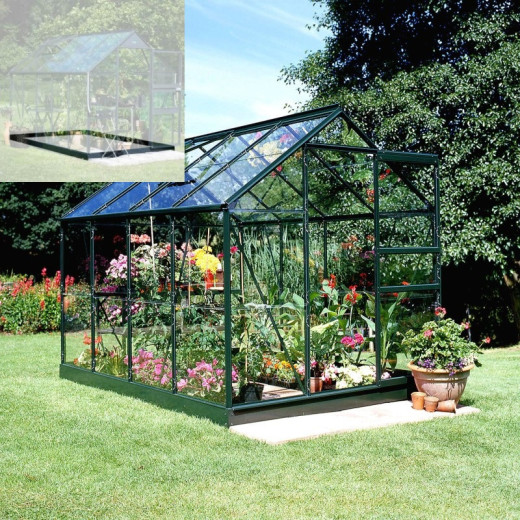 Pack de serre de jardin 5m² Popular 86 verte en verre horticole 3mm + embase noir - Halls
