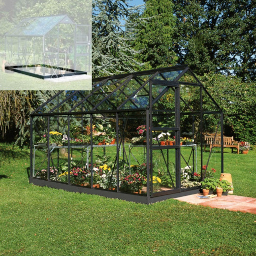 Pack de serre de jardin 6,2m² Popular 106 en aluminium noir et verre horticole 3mm + embase noir - Halls