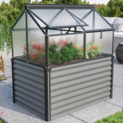 Mini-serre Gaia Jumbo en alu noir/granite et PC 4mm – avec potager élevé – Vitavia