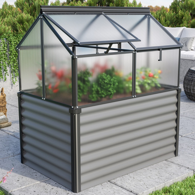 Mini-serre Gaia Jumbo en alu noir/granite et PC 4mm – avec potager élevé – Vitavia