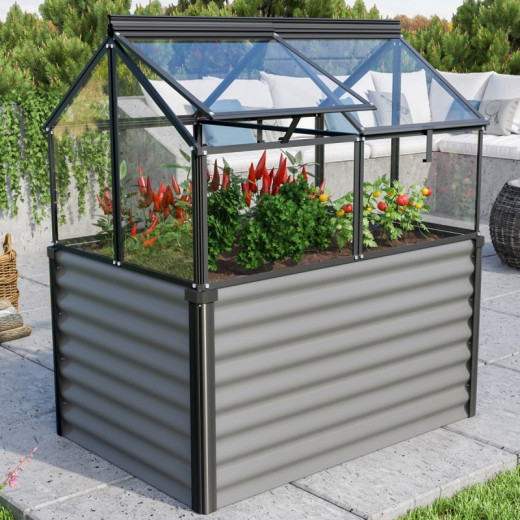 Mini-serre Gaia Jumbo en alu noir/granite et verre 3mm – avec potager élevé – Vitavia