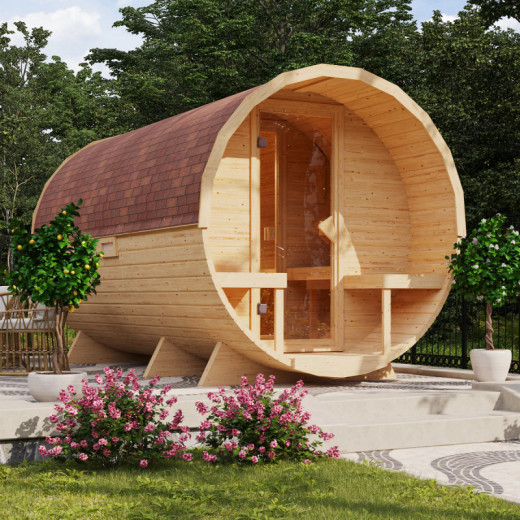 Sauna Tonneau 3 avec vestibule - 4 à 6 places bois massif 38 mm - poêle 9KW ctrl externe - KARIBU