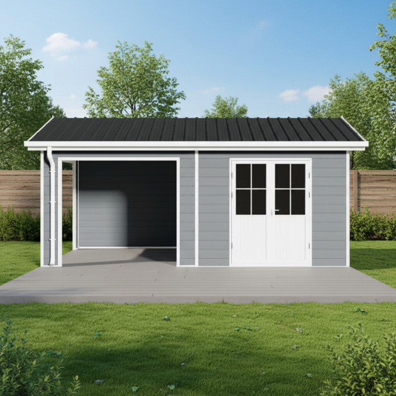Abri de jardin + terrasse en bois composite 28mm gris clair 15m² PREMIUM - Woodlife Garden