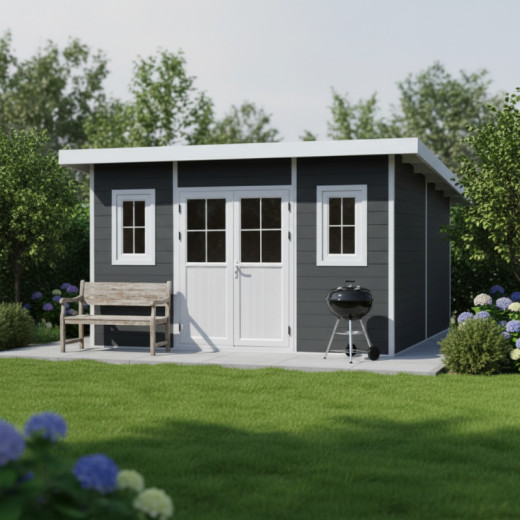 Abri de jardin en bois composite 28mm anthracite 14,90m² PREMIUM toit plat - Woodlife Garden