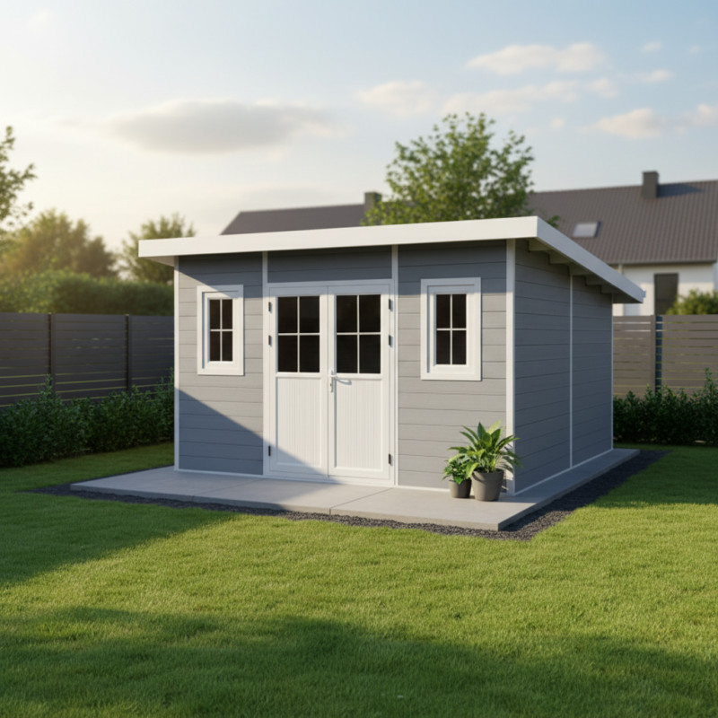 Abri de jardin en bois composite 28mm gris clair 14,90m² PREMIUM toit plat - Woodlife Garden