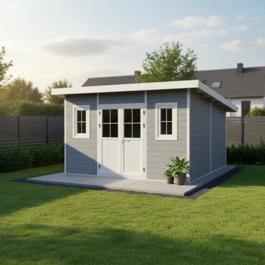 Abri de jardin en bois composite 28mm gris clair 14,90m² PREMIUM toit plat - Woodlife Garden