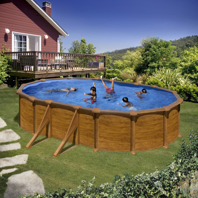 Piscine hors sol Mauritius ovale en acier imitation bois 634x399cm – Gré