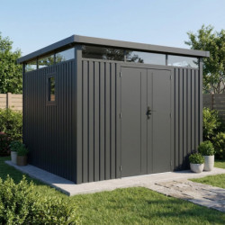 Abri de jardin en acier galvanisé Kosto gris foncé 8,64m² + kit d'ancrage - X-Métal