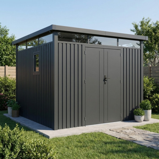 Abri de jardin en acier galvanisé Kosto gris foncé 8,64m² + kit d'ancrage - X-Métal