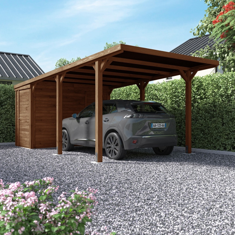 Carport en bois traité 20,9m² avec espace de rangement et toit en polycarbonate Leon - Cerland