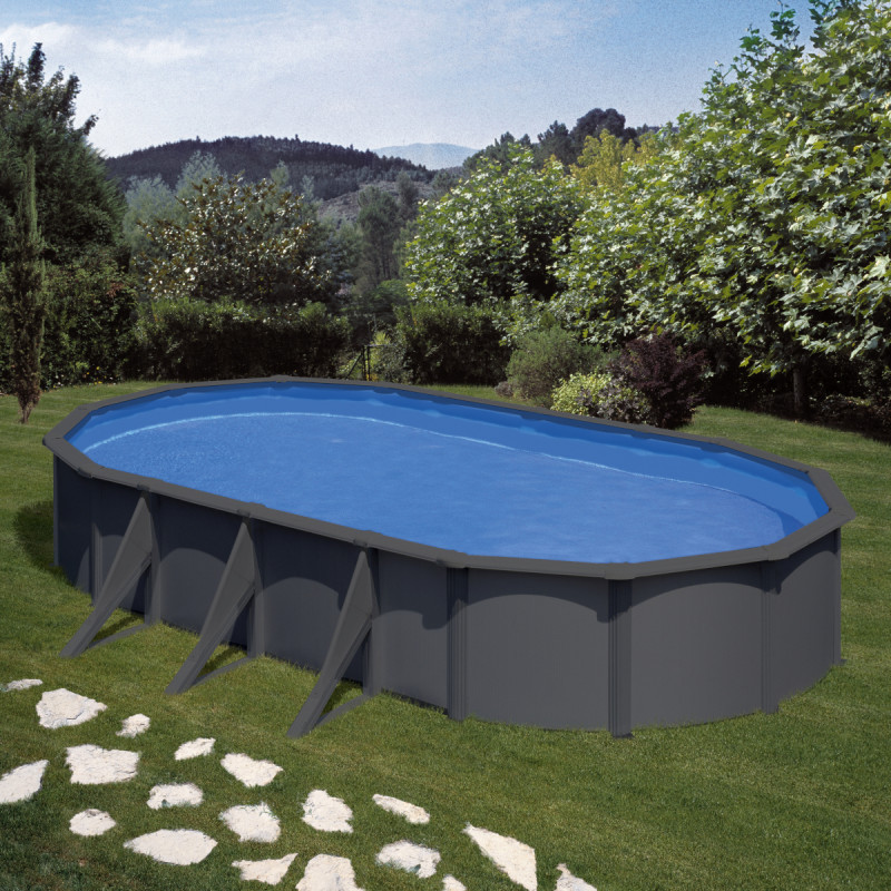 Piscine hors sol Louko ovale en acier gris anthracite 744x399cm – Gré