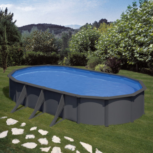 Piscine hors sol Louko ovale en acier gris anthracite 744x399cm – Gré
