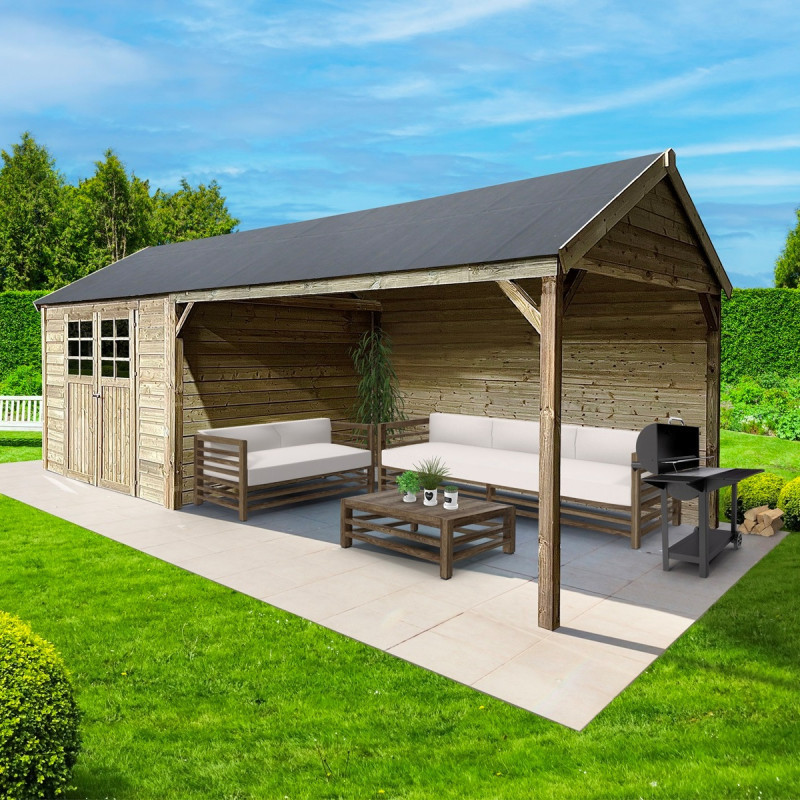 Abri de jardin 8,62m² en bois massif 19mm traité autoclave + terrasse CAMBRAI - SOLID