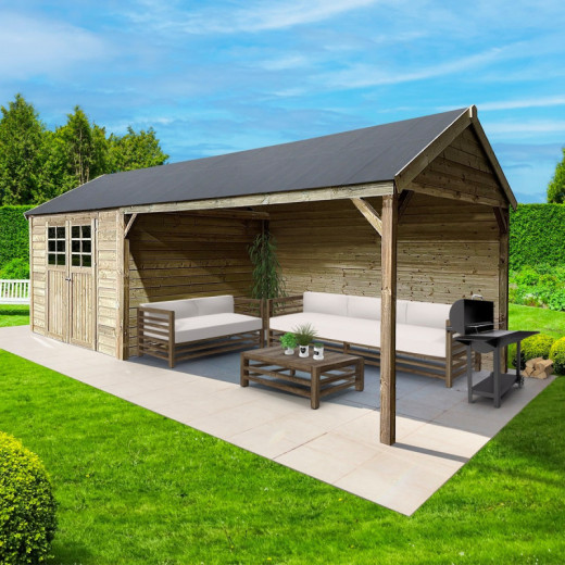 Abri de jardin 8,62m² en bois massif 19mm traité autoclave + terrasse CAMBRAI - SOLID