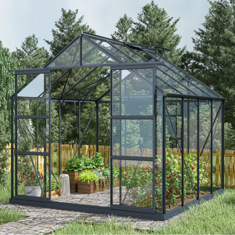 Serre de jardin en aluminium anthracite et verre trempé 4mm RINCA 6,05m² + embase - Green Protect