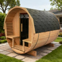 Sauna d'extérieur Tonneau en bois thermo-traité 4 à 6 places + poêle 9KW + shingles inclus - SNÖ