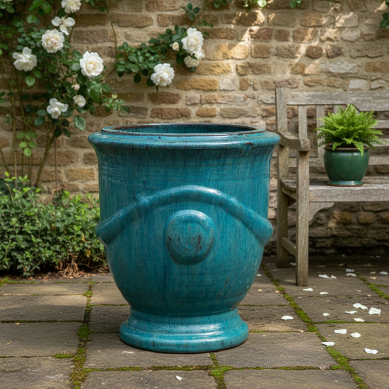 Vase de type Anduze en terre cuite émaillée bleu D.29xH.32cm- Megacollections