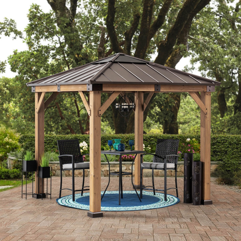 Tonnelle de jardin Rapi 273x273cm en bois massif, acier et polycarbonate marron - Sunjoy
