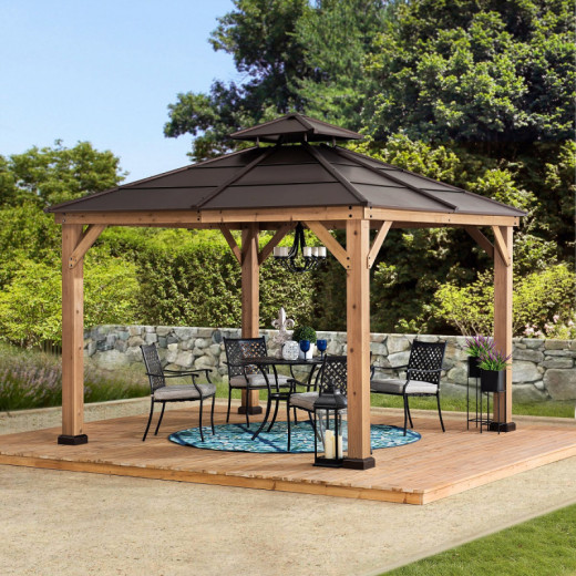 Tonnelle de jardin Paps 335x335cm en bois massif et acier marron - Sunjoy