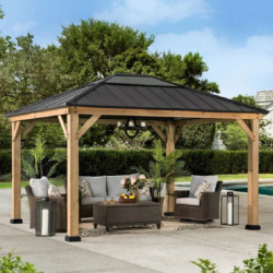 Tonnelle de jardin Bruri 335x393 cm en bois massif, acier et polycarbonate marron - Sunjoy