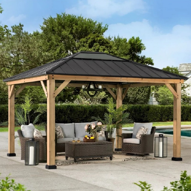 Tonnelle de jardin Bruri 335x393 cm en bois massif, acier et polycarbonate marron - Sunjoy