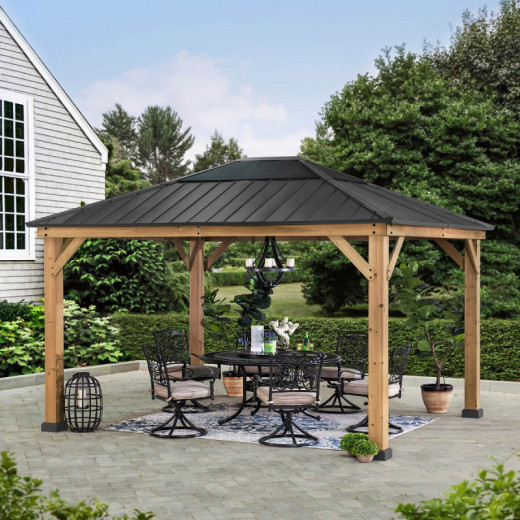 Tonnelle de jardin Bruri 335x393 cm en bois massif, acier et polycarbonate anthracite - Sunjoy